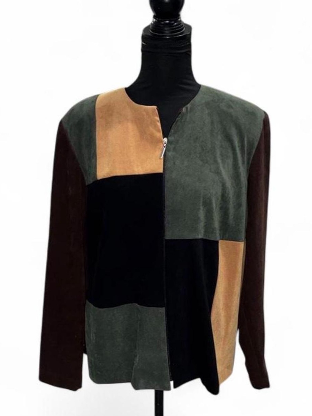 JM Collection Colorblock Suede Zip Jacket in Green, Black, Brown & Tan